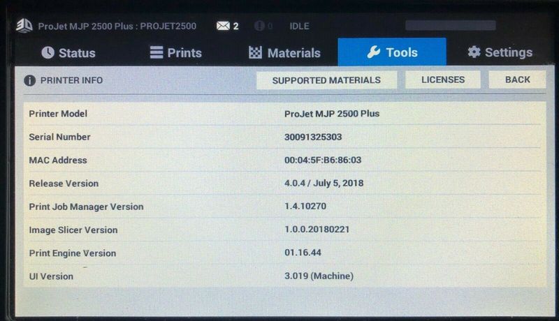2018 3D Systems ProJet MJP 2500 Plus 3D Printer 800 Print Hours
