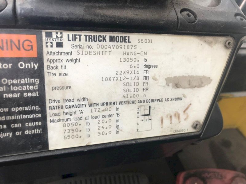 8000 LBS HYSTER PROPANE FORKLIFT: STOCK 65048