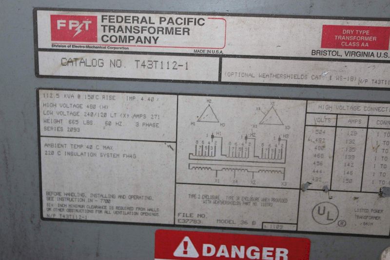 112 KVA FEDERAL PACIFIC TRANSFORMER: STOCK #69466
