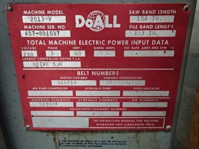 20' DOALL MODEL 2013-V VERTICAL SAW: STOCK #67531
