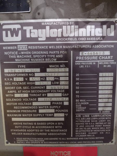 200 KVA TAYLOR WINFIELD MODEL #ERE-12-200 SPOT WELDER W/ UNITROL CONTROL: STOCK #19285