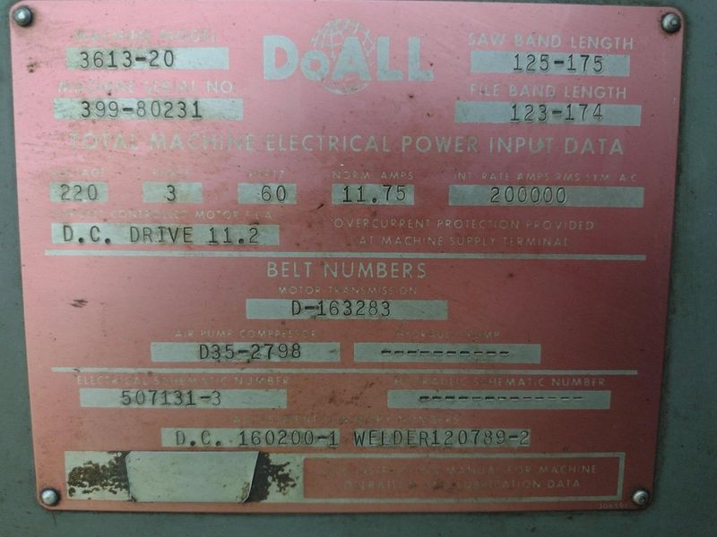 36" DOALL MODEL #3613-20 VERTICAL BANDSAW: STOCK #19212
