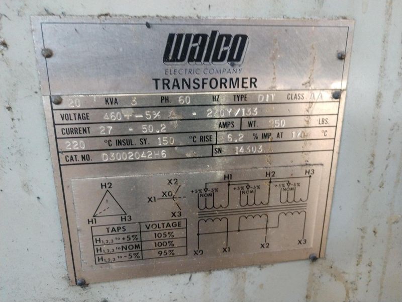 20 KVA WALCO 460 TO 230Y/133 VOLT ELECTRICAL TRANSFORMER: STOCK #11923