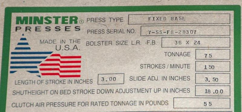 75 TON MINSTER MODEL #7 GAP FRAME PRESS, 3" STROKE: STOCK #15353
