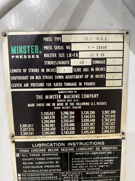 60 TON MINSTER MODEL #6 OBI STAMPING PRESS, 3" STROKE: STOCK #20712
