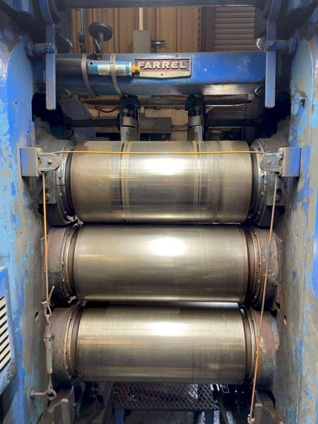 24" X 10" FARREL 4-ROLL "INVERTED L" RUBBER CALENDER ROLLING MILL WITH PAYOFF: STOCK #17226