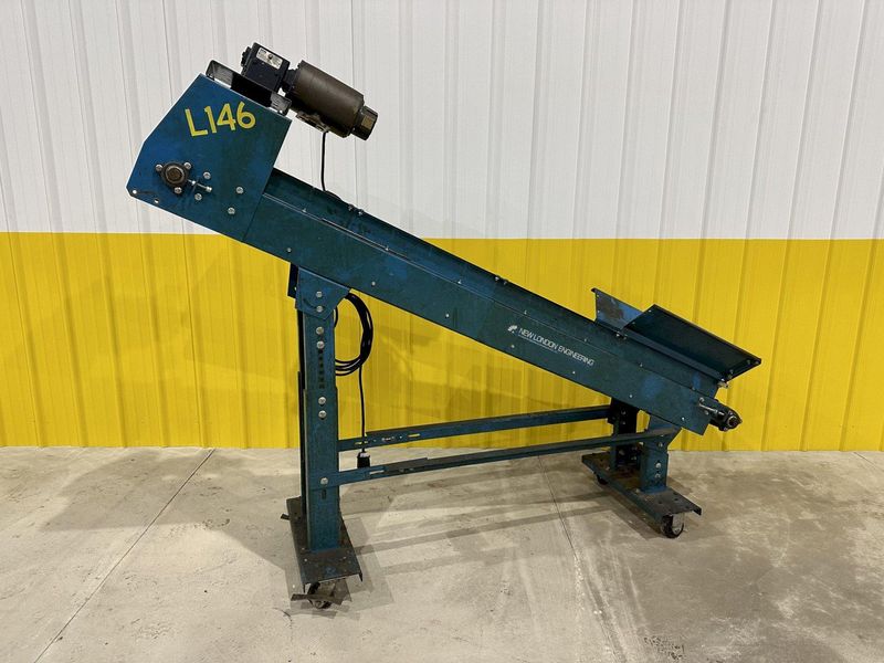 8" WIDE X 6' HIGH NEW LONDON ENG MODEL #500 MOTORIZED BELT INCLINED PARTS CONVEYOR: STOCK #20069