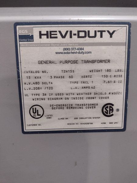 15 KVA SOLA 480 DELTA TO 208Y/120 VOLT ELECTRICAL TRANSFORMER: STOCK 19620