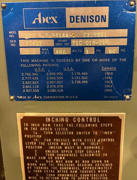 20 Ton Denison Multipress, C-Frame Press
