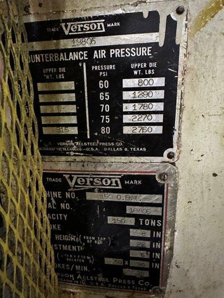 150 ton Verson Single Crank Mechanical Metal Stamping Gap Frame Press For Sale, Model 150-OBI