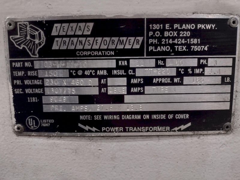 11 KVA TEXAS 230X480D <--> 130Y/75 ELECTRICAL TRANSFORMER: STOCK #23252