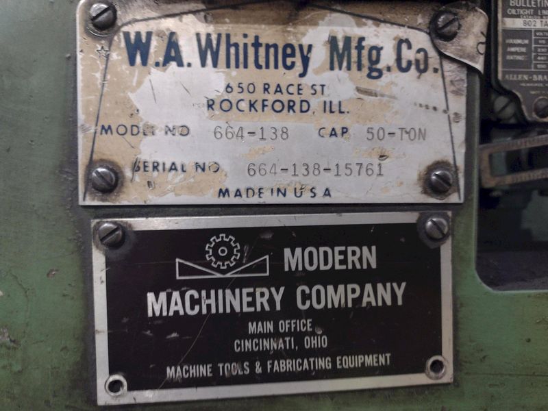 50 TON WA WHITNEY MODEL #664-138 HYDRAULIC 4 POST PRESS & SHEAR: STOCK #22907