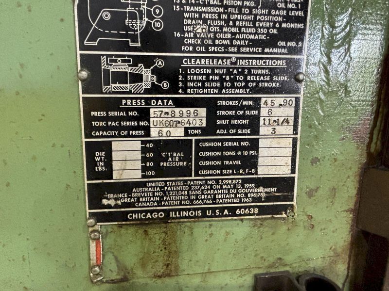 60 TON TORC-PAC USI CLEARING OBI PRESS 6" STROKE: STOCK #22823