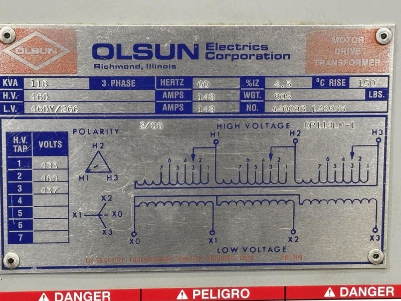 118 KVA 3 PHASE OLSUN TRANSFORMER 460 V TO 460Y/266: STOCK #22707