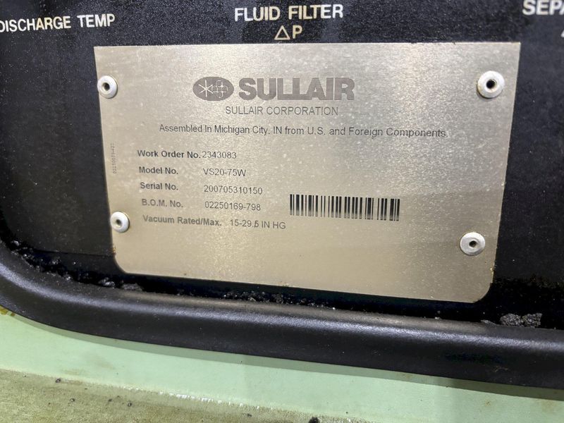 75 HP SULLAIR MODEL #VS20-75W ROTARY SCREW VACUUM SYSTEM: STOCK #22501
