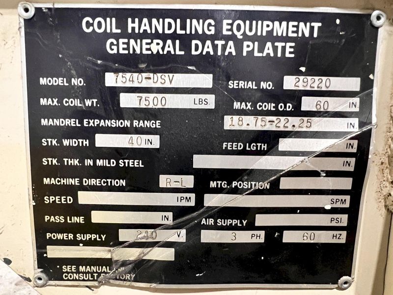 7,500 LB X 40" ROWE 7540 DSV MOTORIZED COIL REEL UNCOILER: STOCK #21925