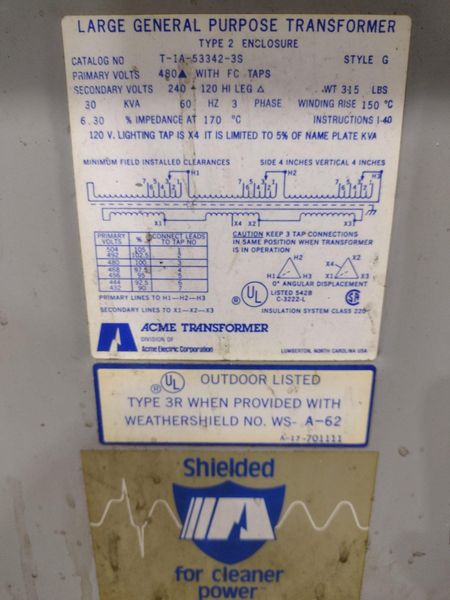 30 KVA ACME 480 TO 240/120 VOLT GENERAL PURPOSE 3 PHASE ELECTRIC TRANSFORMER: STOCK #19440