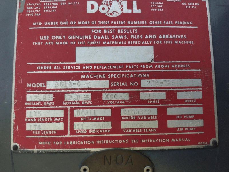 36" DOALL MODEL #3613-0 VERTICAL BANDSAW: STOCK #20984