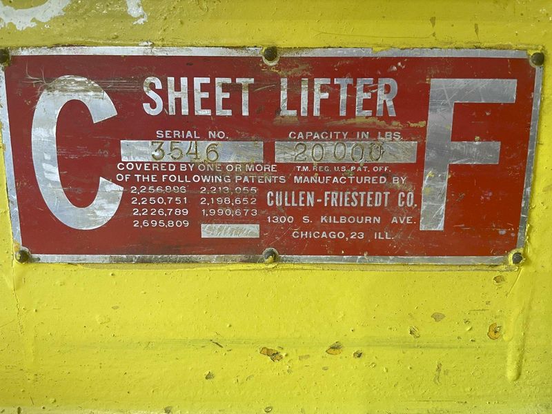 20,000 LB X 84" X 32" TO 62" WIDE CF CULLEN FRIESTEDT ADJUSTABLE PARALLELOGRAM SHEET LIFTER: STO