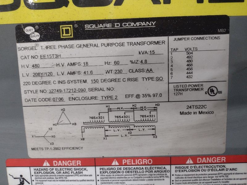 15 KVA SQUARE D 480 VOLT <--> 208Y/120 3 PHASE ELECTRICAL TRANSFORMER: STOCK #21930