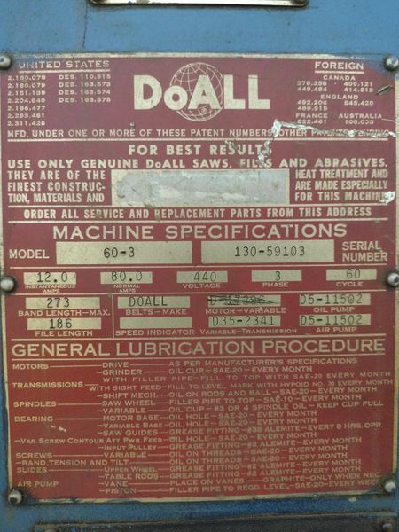 60" DOALL MODEL #60-3 DEEP THROAT VERTICAL CONTOUR BANDSAW: STOCK #23680