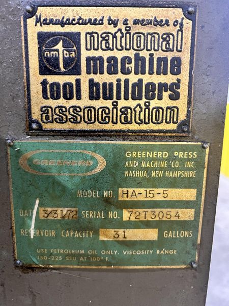 15 TON GREENERD MODEL #HA-15-5 C FRAME HYDRAULIC PRESS 30" STROKE: STOCK #23457