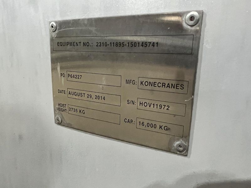 17.5 TON (2014) KONE-CRANES MODEL #CXT60410160P75GGN0S SINGLE GIRDER OVERHEAD CRANE HOIST & TROL