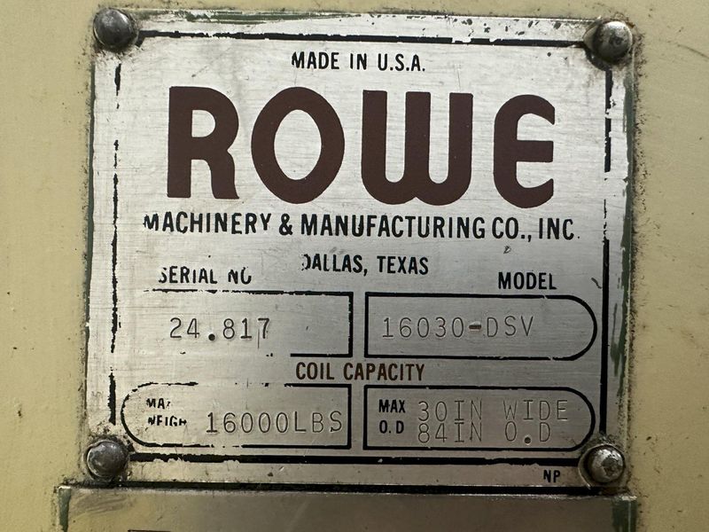 16,000 LBS X 30" X 84" OD ROWE MODEL #16030-DSV MOTORIZED COIL REEL UNCOILER: STOCK #22333