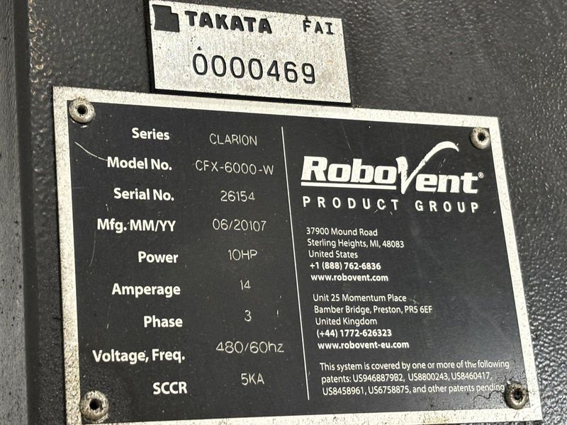 6,000 CFM x 10 HP ROBOVENT MODEL #CFX-6000-W VENTILATION DUST COLLECTOR / MIST COLLECTOR: STOCK