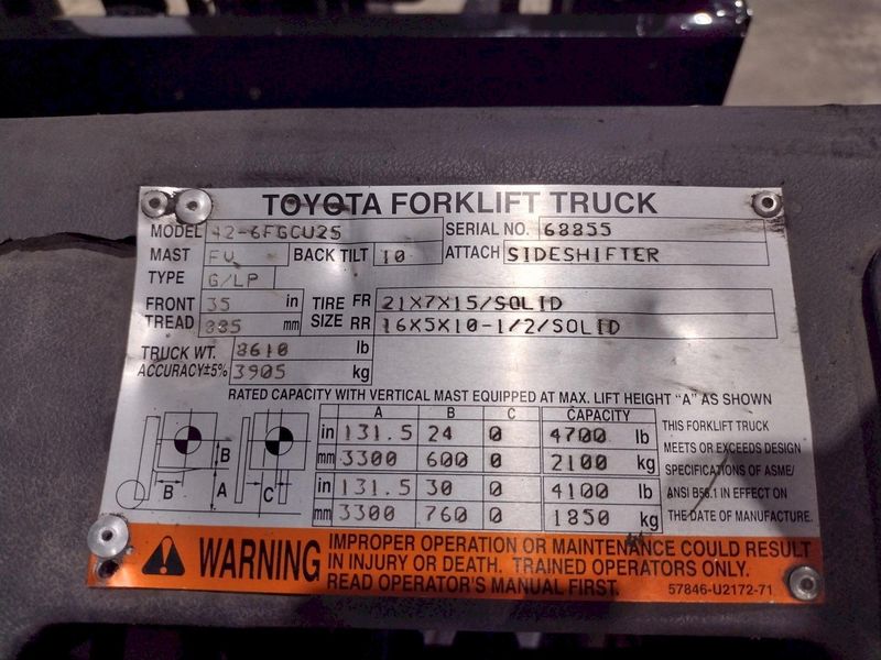 4,700 LBS TOYOTA MODEL #42-6FGCU25 LP GAS FORKLIFT: STOCK #23743