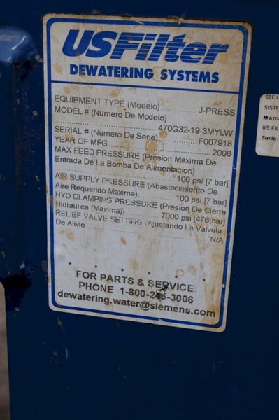 20 PLATE SIEMENS DEWATERING SYSTEMS FILTER PRESS: STOCK #70476