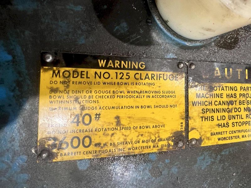 2 HP BARRETT MODEL #125 CLARIFUGE 3600 RPM CHIP SPINNGER WRINGER CENTRIFUGE: STOCK #23459