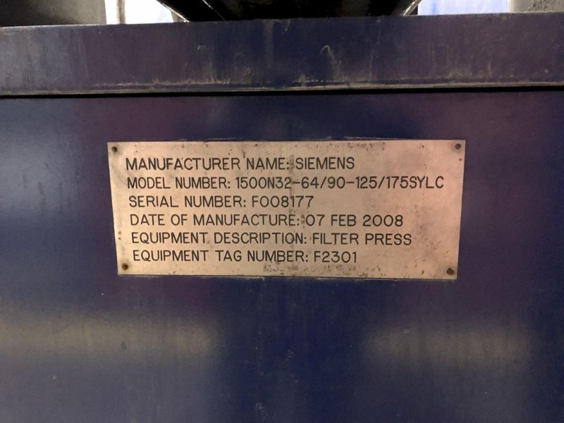 2008 Evoqua / Siemens 1500mm / 65 Plate Filter Press ||
 One Still Available