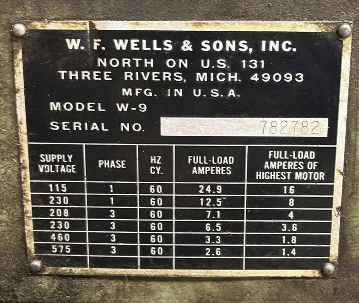 9" X 18" W. F. WELLS 9" MODEL W-9 TWIN POST HORIZONTAL BANDSAW: STOCK #77899