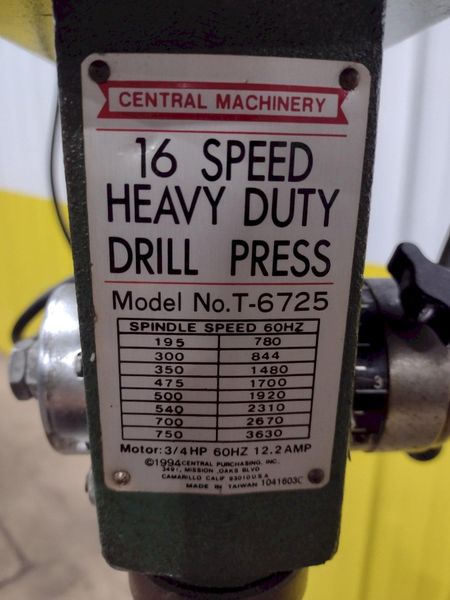 17" CENTRAL MACHINERY MODEL #T-6725 SINGLE SPINDLE DRILL PRESS: STOCK #20284