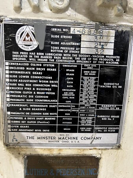 32 TON MINSTER MODEL #4 OBI PRESS, 3" STROKE: STOCK #20189