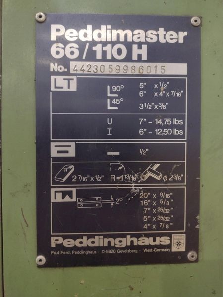 66 TON PEDDINGHAUS MODEL #66/110 PEDDIMASTER HYDRAULIC IRONWORKER: STOCK #22239