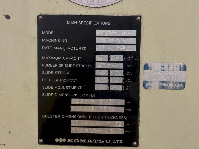 60 TON KOMATSU MODEL #OBS60-2 GAP FRAME STAMPING PRESS: STOCK #23253