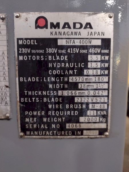 16" X 16" AMADA MODEL #HFA400W AUTOMATIC HORIZONTAL BANDSAW: STOCK #12250