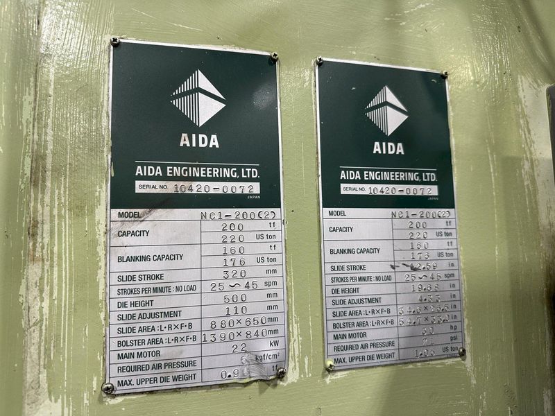 220 TON AIDA MODEL #NCI-200(2) GAP FRAME PRESS, 12.59" STROKE: STOCK #22210