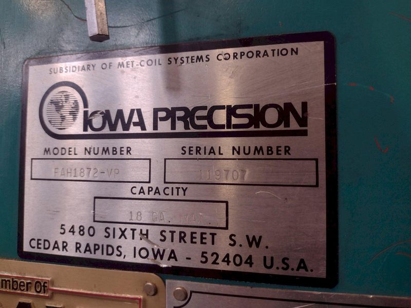 72" X 18 GA IOWA PRECISION MODEL WHISPER-LOC HYDRAULIC PITTSBURG SEAM CLOSURE MACHINE: STOCK #17