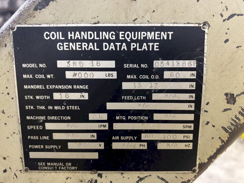 4,000 LBS X 18" CWP MODEL #3RD18 PULL OFF DOUBLE END UNCOILER COIL REEL: STOCK #22351