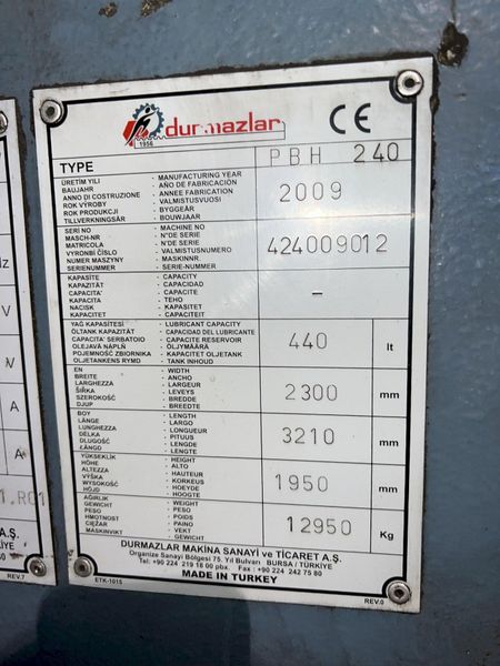 6" X 6" X 3/4" DURMA MODEL #PBH240 HYDRAULIC ANGLE BENDING ROLL, NEW 2009: STOCK #16892