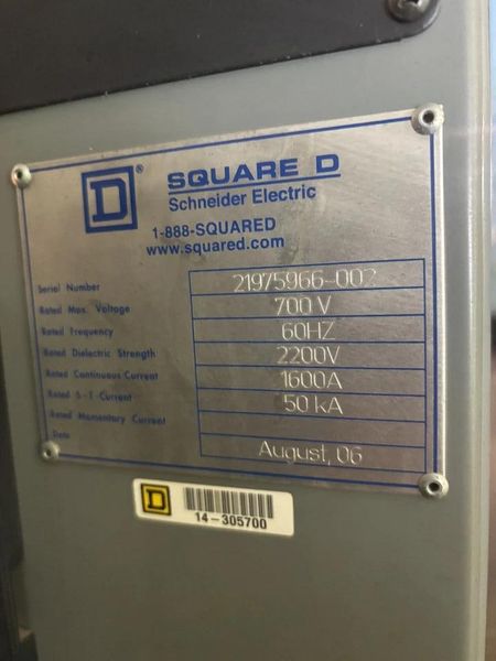 Square D 1600 Amp 2200v 700v 50ka Delta Wye Main Breaker Switchgear