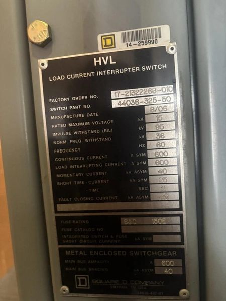 15kv Square D Hvl Load Current Interrupter Switch 600 Amp Fusable