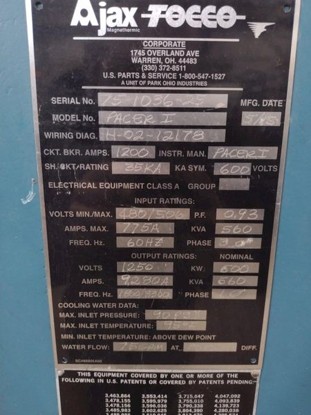 500 KW AJAX TOCCO (2015) PACER 1 INDUCTION HEATER SOURCE MACHINE: STOCK #14409
