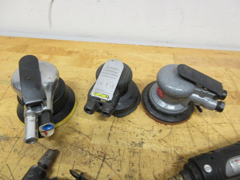 Pneumatic Power Tools, (3) 4.5" Palm Sanders, (4) 90 Deg Die Grinders, (3) Straight Die Grinders, (1) Drill with 3/8" Keyed Chuck- Auction Item