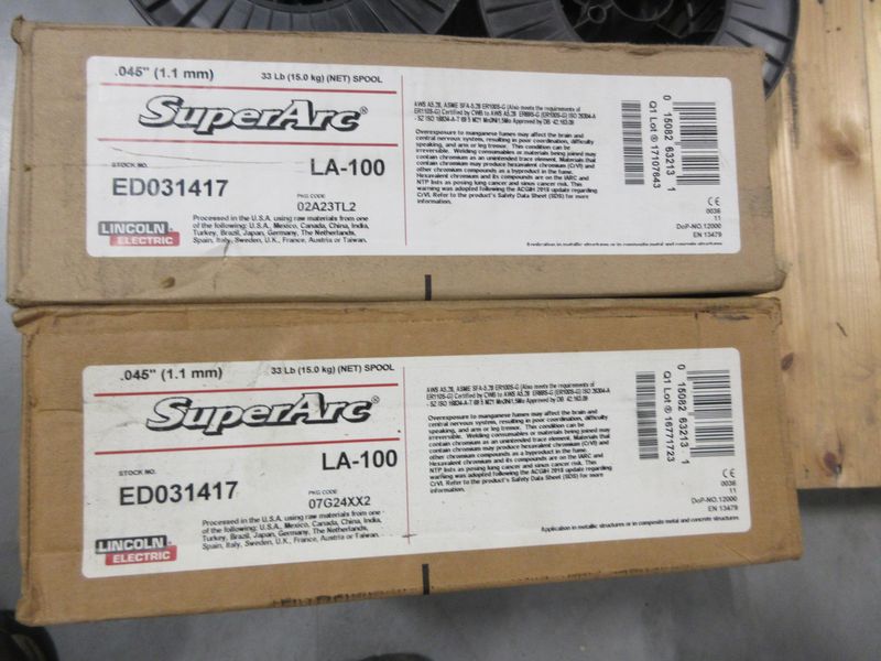 Mig Welding Wire Spools, (2) Lincoln Electric SuperArc LA-100 .045" **New in Boxes**, (2) Weld Cote Metal Partial Rolls .030" Wire- Auction Item