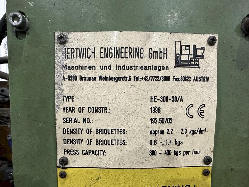 HERTWICH ENGINEERING MODEL #HE-300-30/A SWARF PUCK BRIQUETTER PRESS MACHINE: STOCK #23344