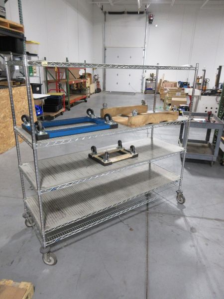 Metro Rolling Wire Shelf, with 5 Adjustable Shelfs and (2) Woodframe, (1) Plastic Frame Moving Dollies- Auction Item